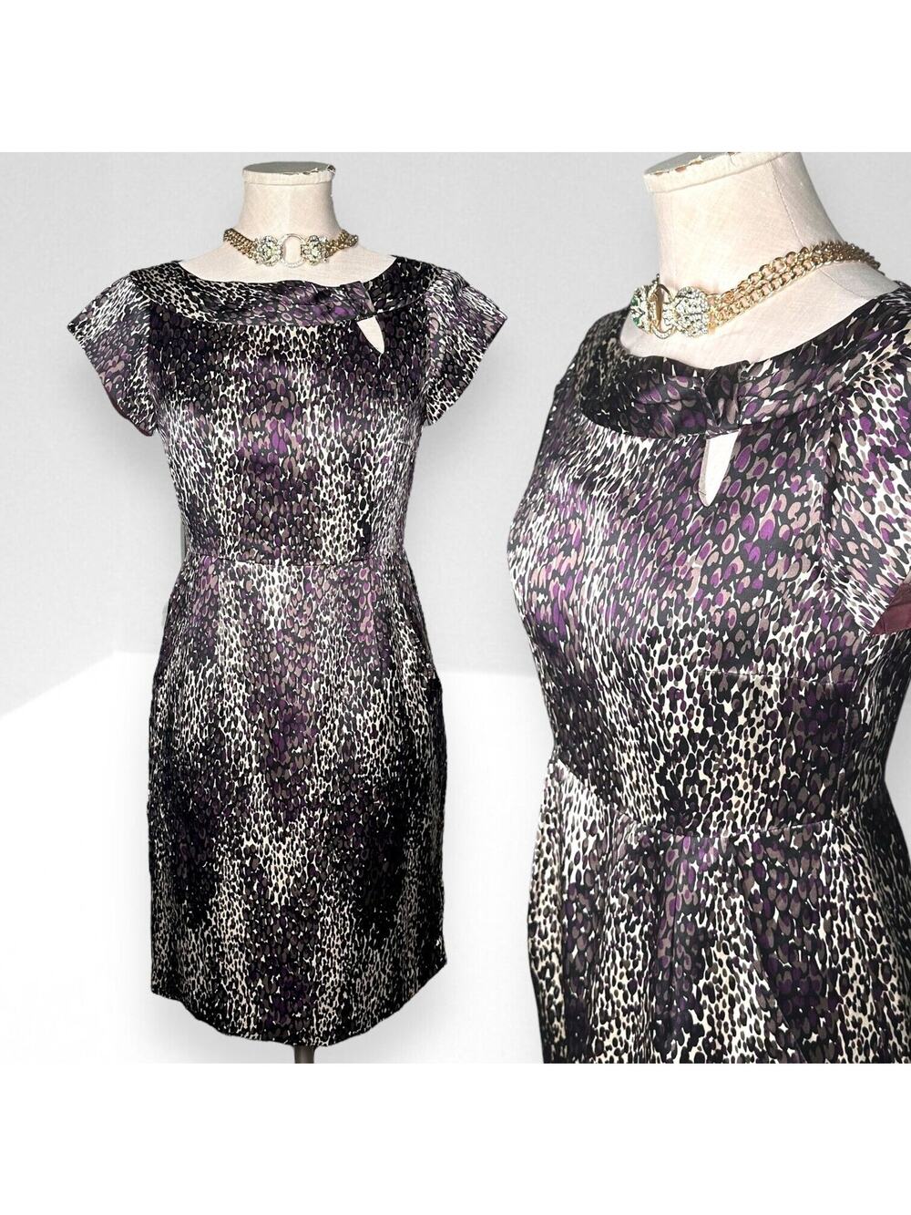 NANETTE LEPORE 100% Silk Cheetah Print Sheath Cocktail Mini Dress Pencil Purple